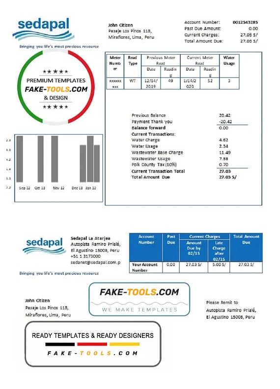 Peru Sedapal La Atarjea water utility bill template in Word and PDF format Peru Sedapal La Atarjea water utility bill template in Word and PDF format