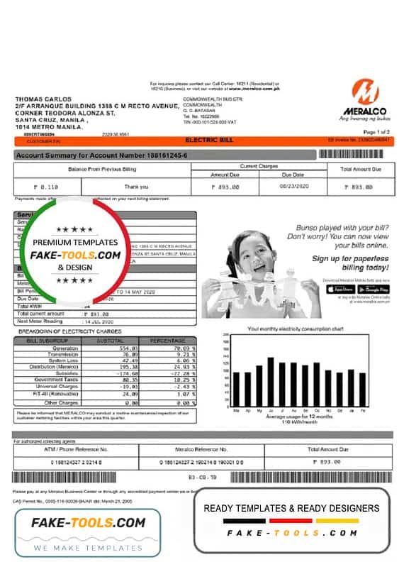 Philippines Meralco electricity utility bill template in Word and PDF format Philippines Meralco electricity utility bill template in Word and PDF format