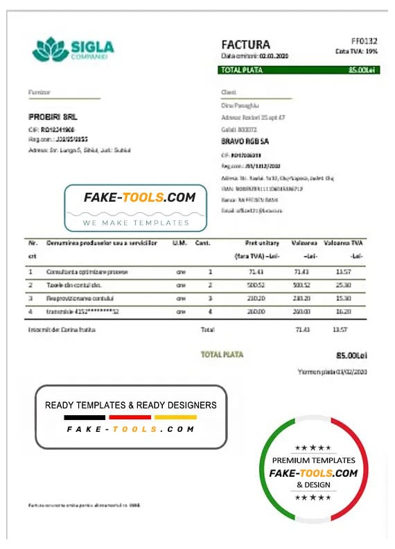 Romania SIGLA COMPANIEI utility bill template in Word and PDF format Romania SIGLA COMPANIEI utility bill template in Word and PDF format