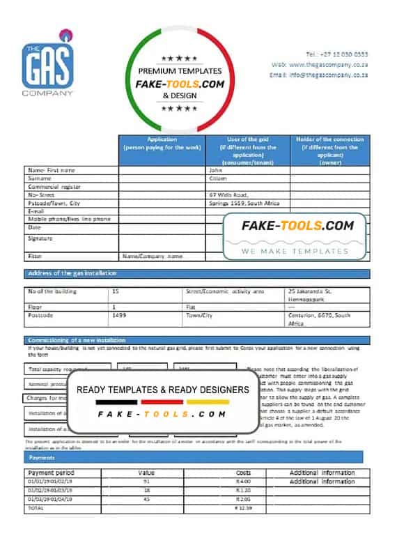 South Africa The GAS Company gas utility bill template in Word and PDF format South Africa The GAS Company gas utility bill template in Word and PDF format