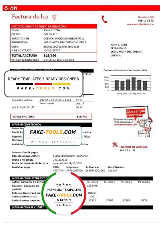Spain E.ON electricity utility bill template in Word and PDF format Spain E.ON electricity utility bill template in Word and PDF format