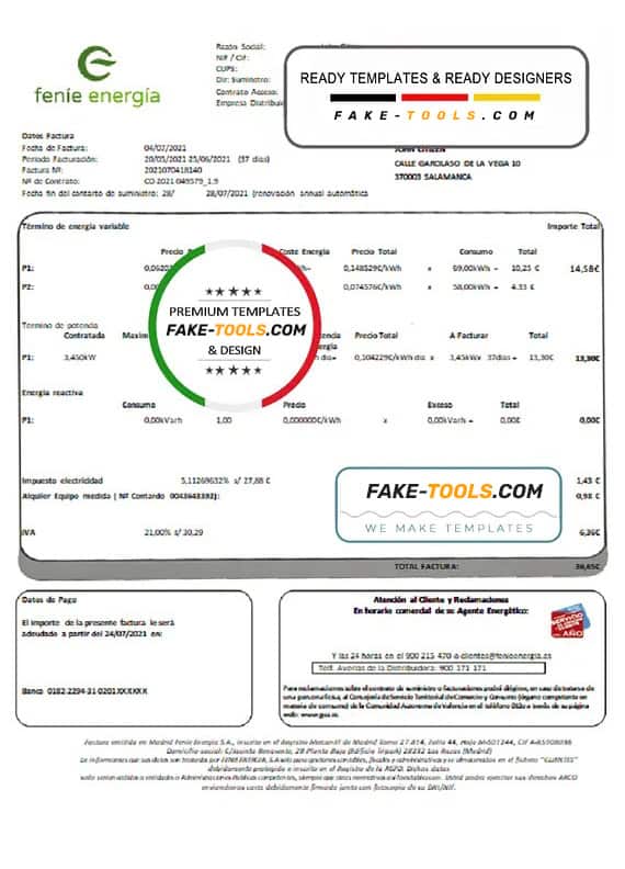 Spain Feníe Energía utility bill template in Word and PDF format Spain Feníe Energía utility bill template in Word and PDF format