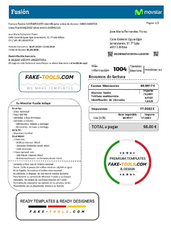 Spain Movistar Fusion telecom operator utility bill document in Word and PDF format Spain Movistar Fusion telecom operator utility bill document in Word and PDF format