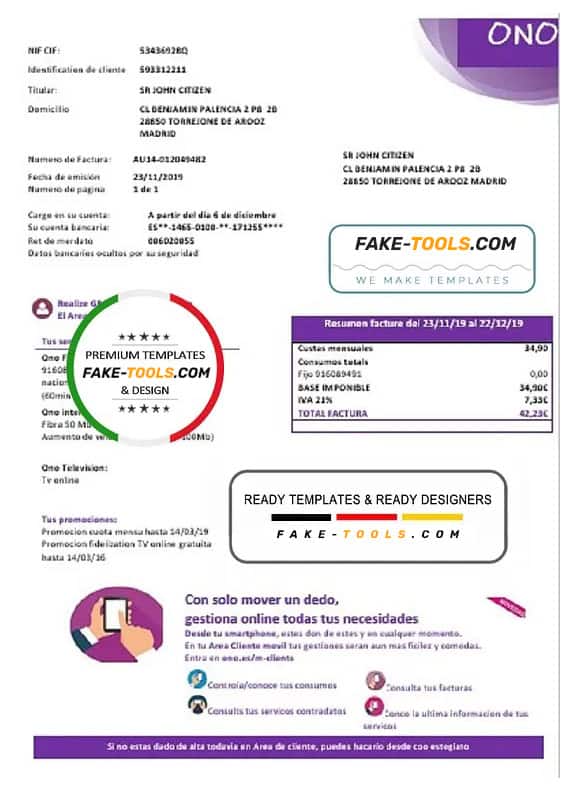 Spain ONO easy fillable utility bill template in Word and PDF format (.doc and .pdf) Spain ONO easy fillable utility bill template in Word and PDF format (.doc and .pdf)