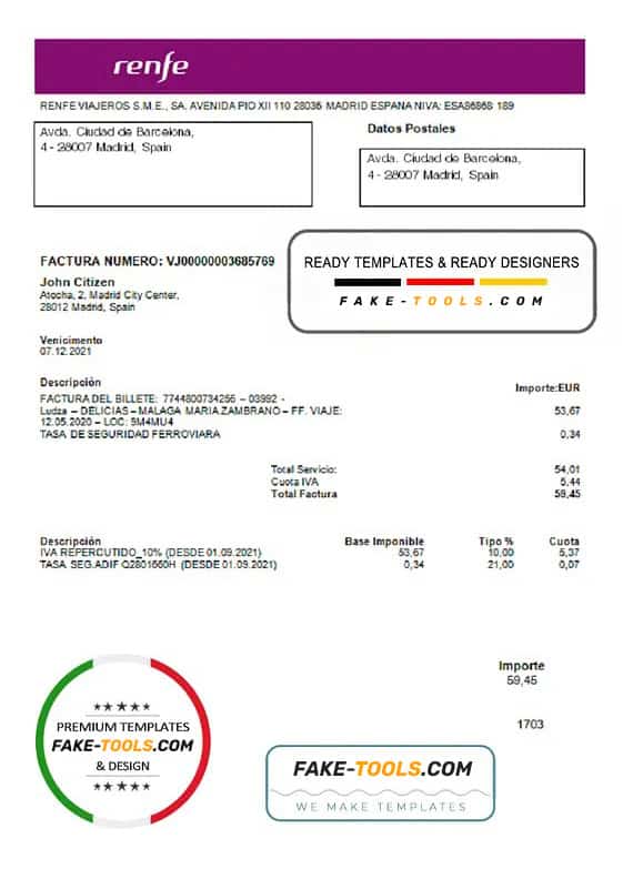 Spain Renfe utility bill template in Word and PDF format Spain Renfe utility bill template in Word and PDF format