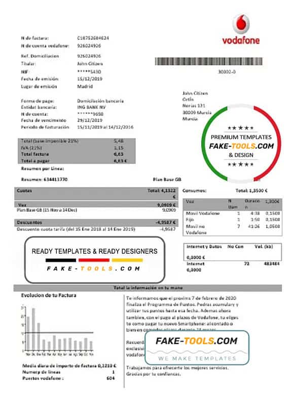 Spain Vodafone telecommunications utility bill template in Word and PDF format Spain Vodafone telecommunications utility bill template in Word and PDF format