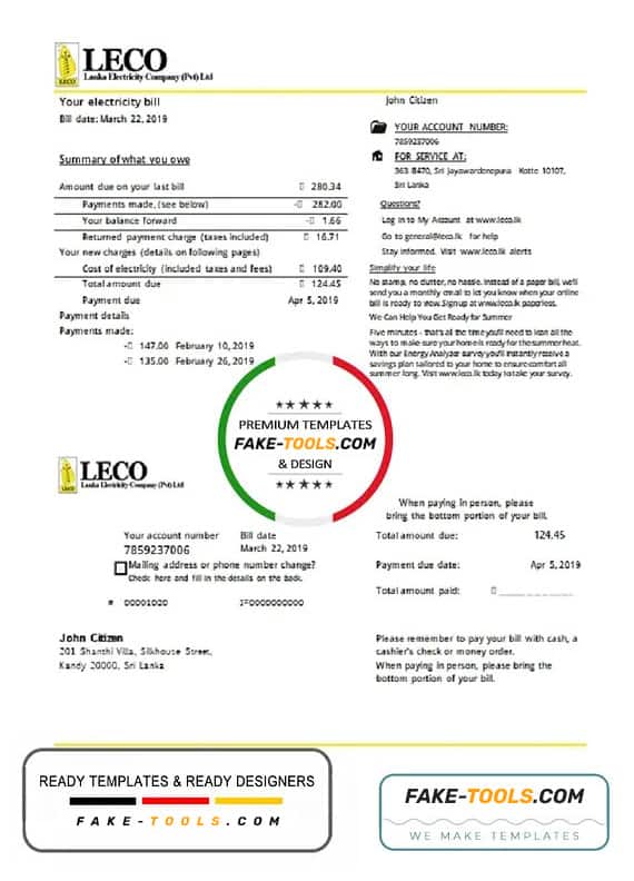 Sri Lanka LECO Company electricity utility bill template in Word and PDF format Sri Lanka LECO Company electricity utility bill template in Word and PDF format