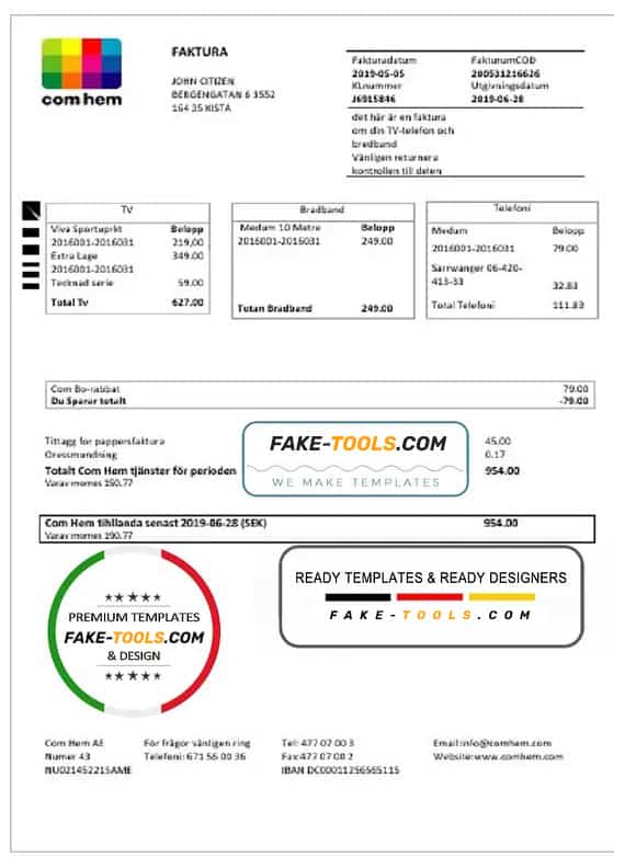 Sweden Com Hem utility bill template in Word and PDF format Sweden Com Hem utility bill template in Word and PDF format