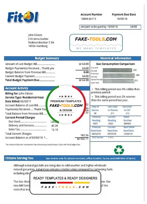 Sweden Fitol gas utility bill template in Word and PDF format Sweden Fitol gas utility bill template in Word and PDF format