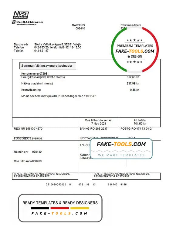 Sweden NVSH Energi utility bill template in Word and PDF format Sweden NVSH Energi utility bill template in Word and PDF format