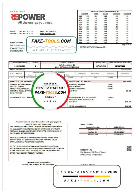 Switzerland Repower AG utility bill template, fully editable in Word and PDF format Switzerland Repower AG utility bill template, fully editable in Word and PDF format