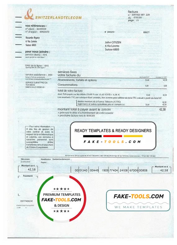 Switzerland Telecom utility bill template, fully editable in PSD format Switzerland Telecom utility bill template, fully editable in PSD format