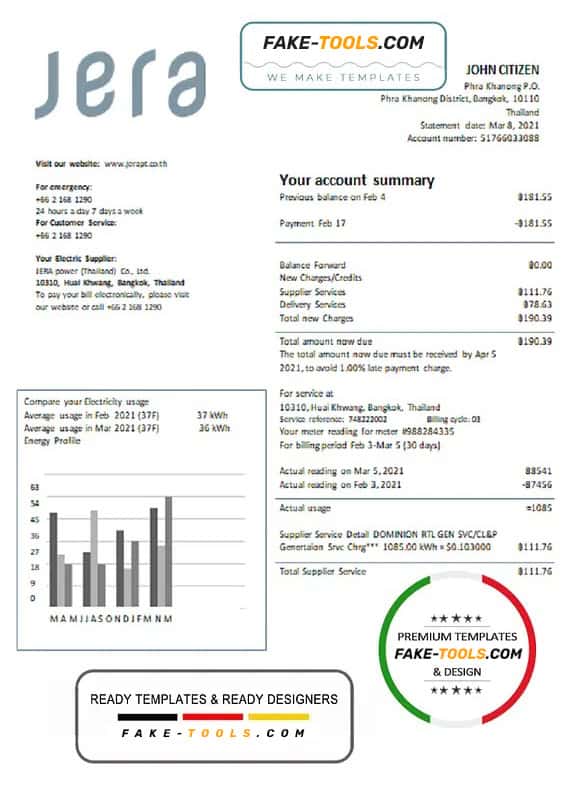 Thailand JERA power utility bill template in Word and PDF format Thailand JERA power utility bill template in Word and PDF format