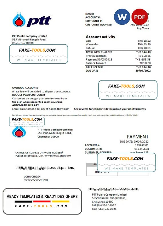 Thailand PTT gas utility bill template in Word and PDF format Thailand PTT gas utility bill template in Word and PDF format