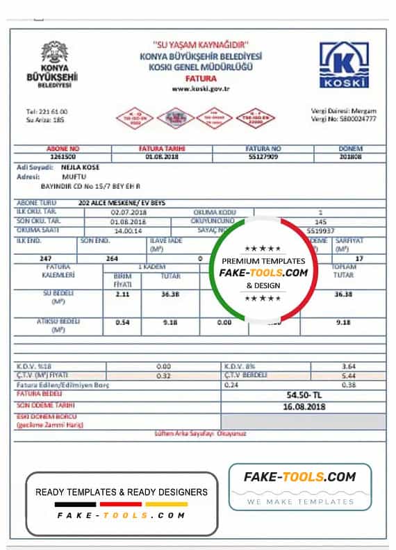 Turkey water utility bill template in Word and PDF format, fully editable Turkey water utility bill template in Word and PDF format, fully editable