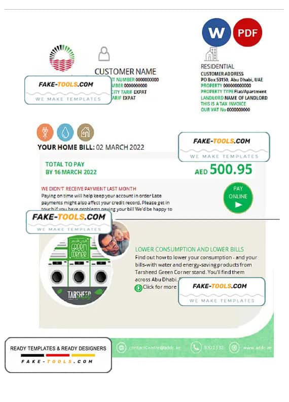 UAE Abu Dhabi Distribution Co. utility bill template in Word and PDF format UAE Abu Dhabi Distribution Co. utility bill template in Word and PDF format