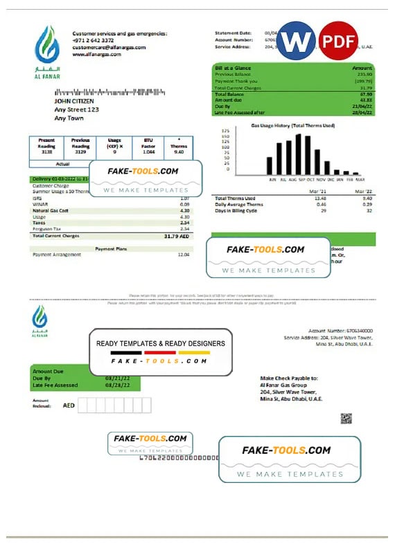 UAE Al Fanar Gas Group utility bill template in Word and PDF format UAE Al Fanar Gas Group utility bill template in Word and PDF format