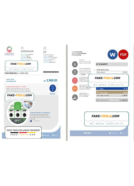 UAE Dubai Al Ain Distribution Co. Word and PDF utility bill template (5 pages) UAE Dubai Al Ain Distribution Co. Word and PDF utility bill template (5 pages)