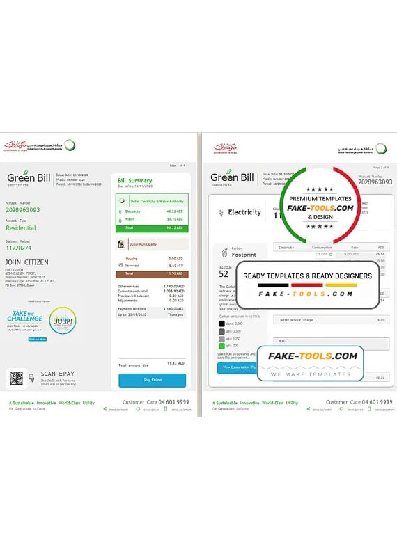 UAE Dubai Electricity & Water Authority utility bill template in Word and PDF format (4 pages) UAE Dubai Electricity & Water Authority utility bill template in Word and PDF format (4 pages)