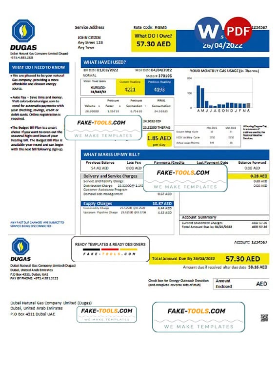 UAE Dubai Natural Gas Company Limited (Dugas) utility bill template in Word and PDF format UAE Dubai Natural Gas Company Limited (Dugas) utility bill template in Word and PDF format
