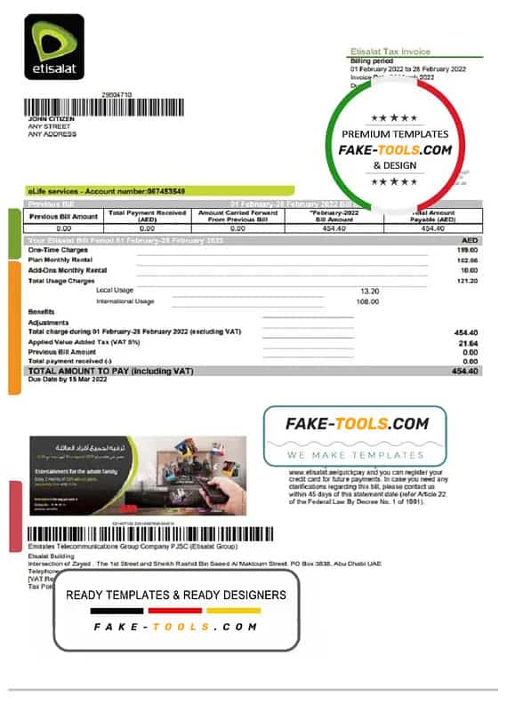 UAE Etisalat utility bill template in Word and PDF format UAE Etisalat utility bill template in Word and PDF format
