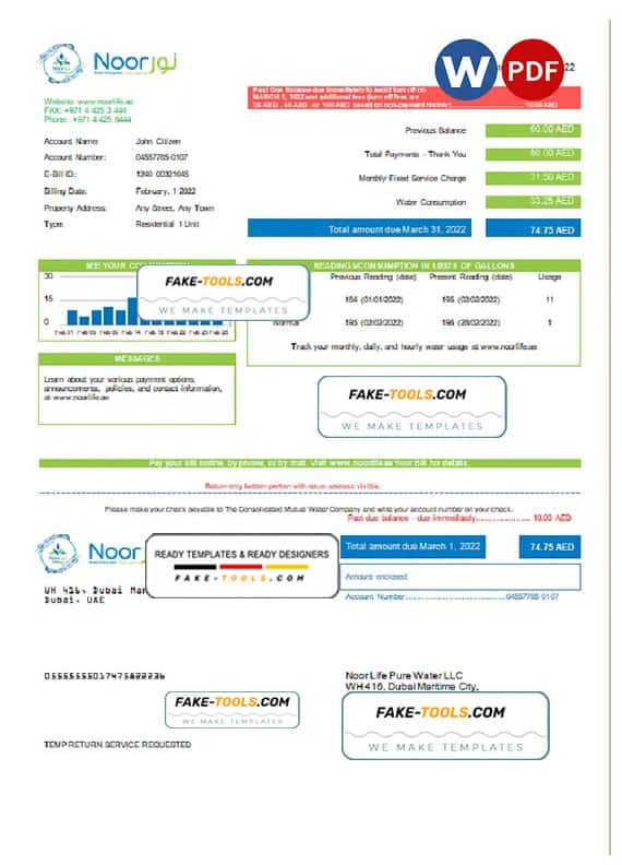 UAE Noor Life Pure Water LLC utility bill template in Word and PDF format UAE Noor Life Pure Water LLC utility bill template in Word and PDF format