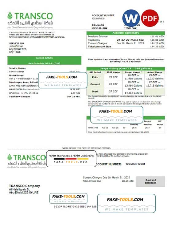 UAE TRANSCO Company utility bill template in Word and PDF format UAE TRANSCO Company utility bill template in Word and PDF format