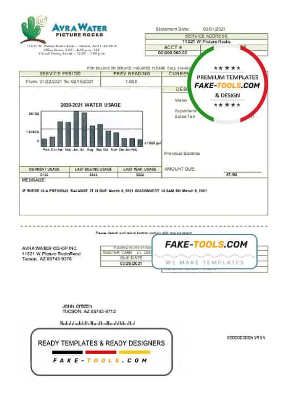 USA Arizona Avra Water utility bill template in Word and PDF format USA Arizona Avra Water utility bill template in Word and PDF format