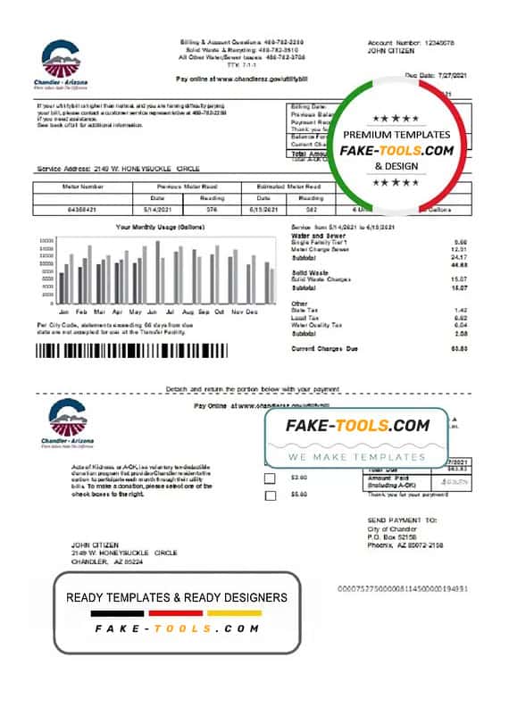 USA Arizona Chandler Utilities bill template in Word and PDF format USA Arizona Chandler Utilities bill template in Word and PDF format