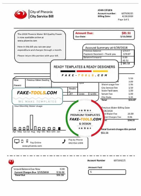USA Arizona City of Phoenix utility bill template in Word and PDF format USA Arizona City of Phoenix utility bill template in Word and PDF format