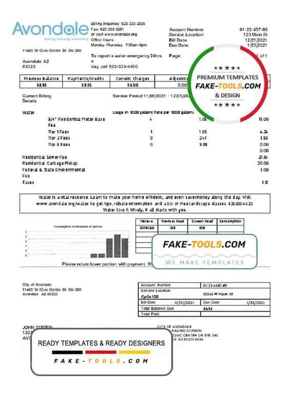 USA Arizona The City of Avondale Water utility bill template in Word and PDF format USA Arizona The City of Avondale Water utility bill template in Word and PDF format