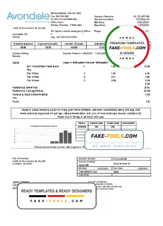 USA Arizona The City of Avondale Water utility bill template in Word and PDF format USA Arizona The City of Avondale Water utility bill template in Word and PDF format