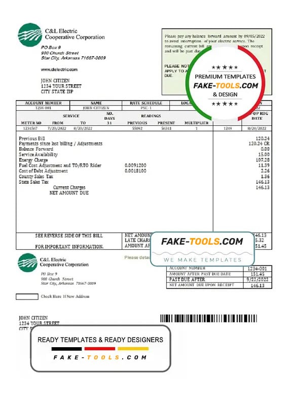 USA Arkansas C & L Electric Cooperative Corporation utility bill template in Word and PDF format USA Arkansas C & L Electric Cooperative Corporation utility bill template in Word and PDF format