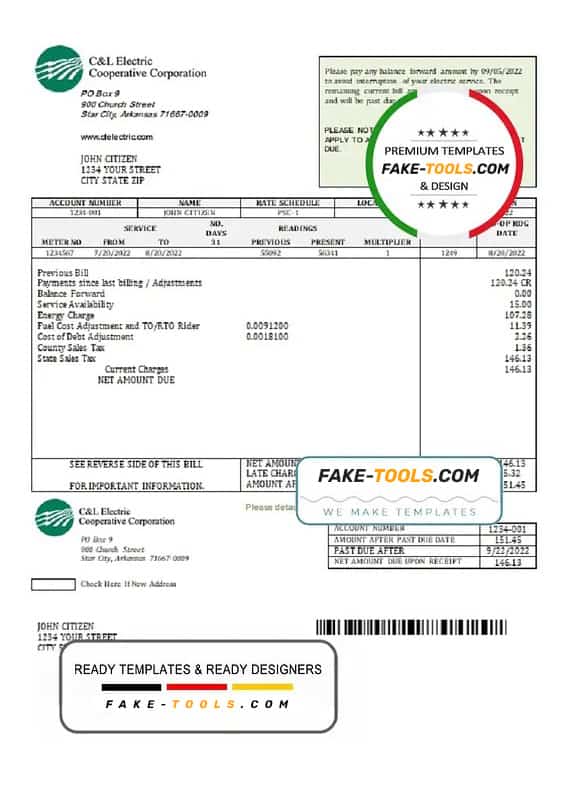 USA Arkansas C & L Electric Cooperative Corporation utility bill template in Word and PDF format USA Arkansas C & L Electric Cooperative Corporation utility bill template in Word and PDF format