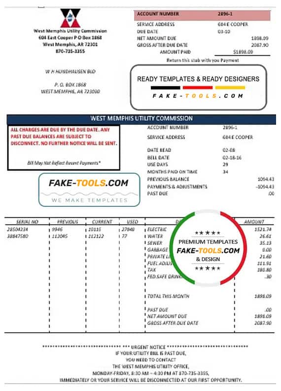 USA Arkansas West Memphis utility bill template in Word and PDF format USA Arkansas West Memphis utility bill template in Word and PDF format