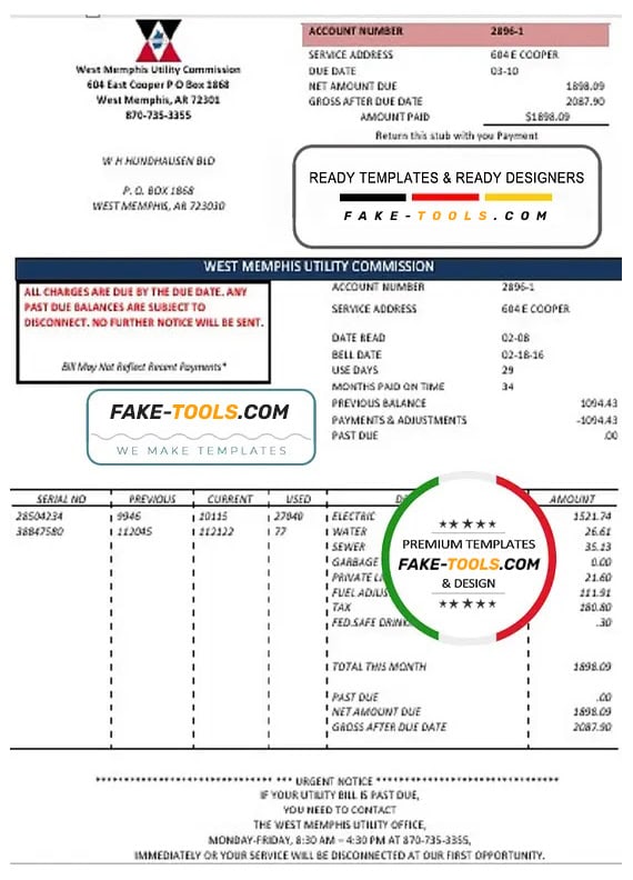 USA Arkansas West Memphis utility bill template in Word and PDF format USA Arkansas West Memphis utility bill template in Word and PDF format