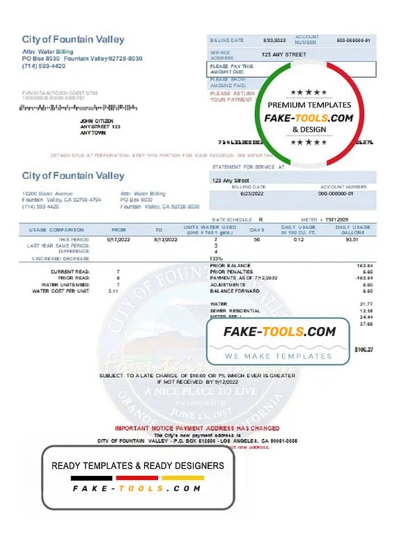 USA California City of Fountain Valley utility bill template in Word and PDF format USA California City of Fountain Valley utility bill template in Word and PDF format