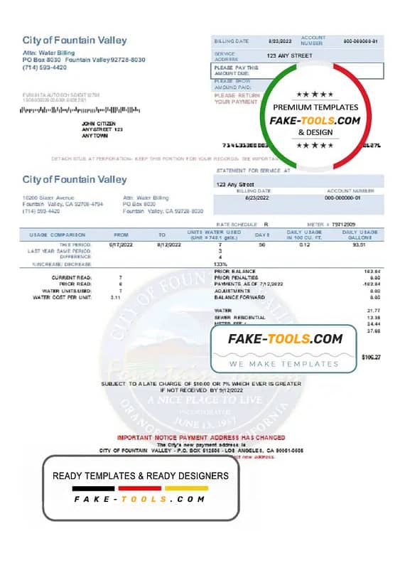USA California City of Fountain Valley utility bill template in Word and PDF format USA California City of Fountain Valley utility bill template in Word and PDF format