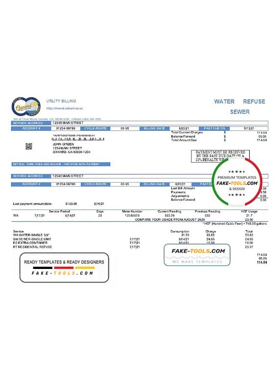 USA California City of Oxnard utility bill template in Word and PDF format USA California City of Oxnard utility bill template in Word and PDF format