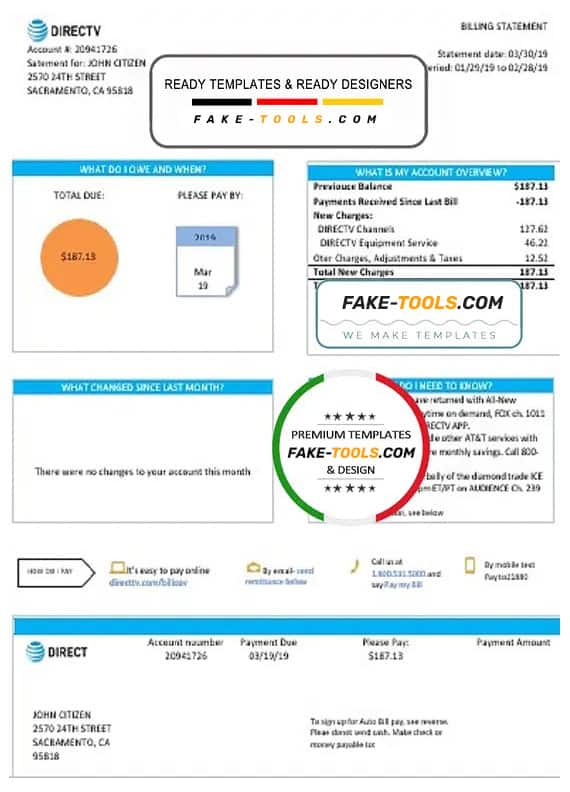 USA California Directv utility bill template in Word and PDF format, good for address prove USA California Directv utility bill template in Word and PDF format, good for address prove