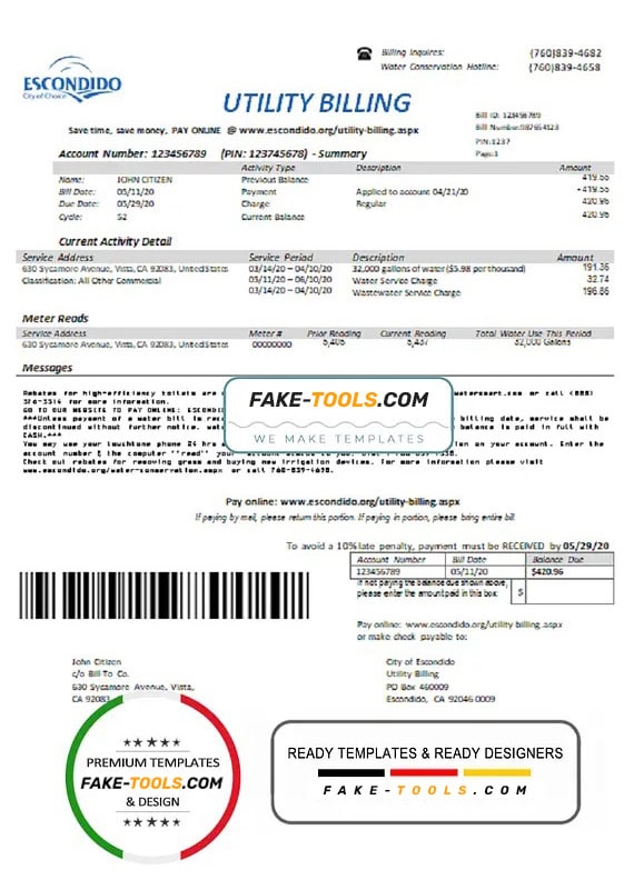 USA California Escondido City of Choice utility bill template in Word and PDF format USA California Escondido City of Choice utility bill template in Word and PDF format