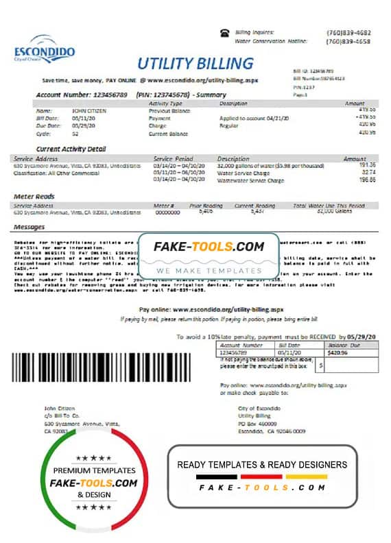 USA California Escondido City of Choice utility bill template in Word and PDF format USA California Escondido City of Choice utility bill template in Word and PDF format