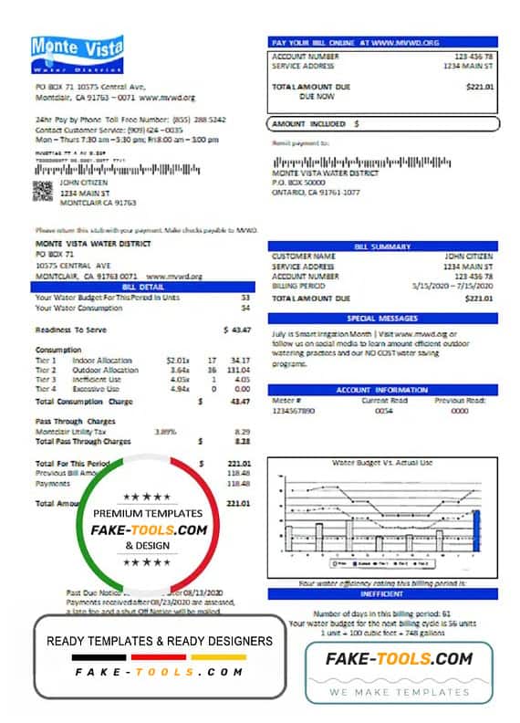 USA California Monte Vista Water District utility bill template in Word and PDF format USA California Monte Vista Water District utility bill template in Word and PDF format