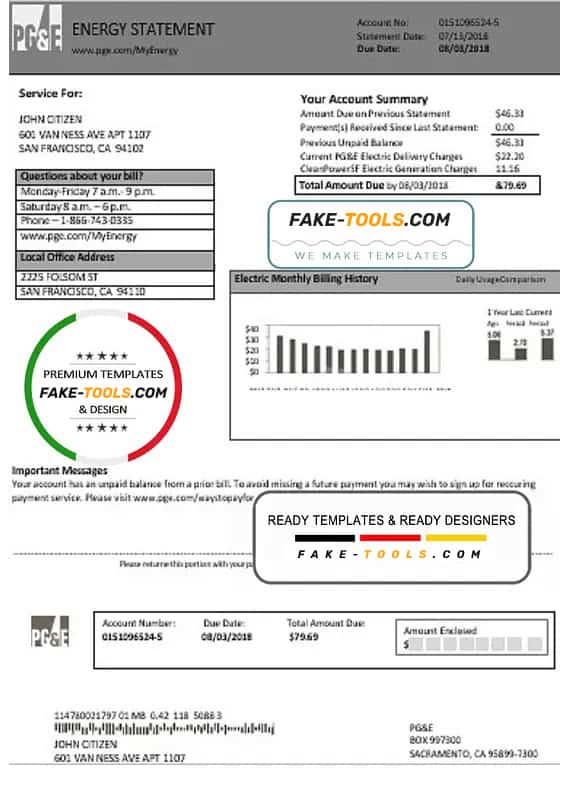 USA California PG&E (Pacific Gas and Electric Company) utility bill template in Word and PDF format USA California PG&E (Pacific Gas and Electric Company) utility bill template in Word and PDF format