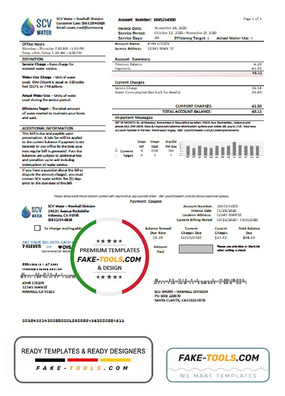 USA California SCV Water Utility Bill Template In Word And PDF Format 