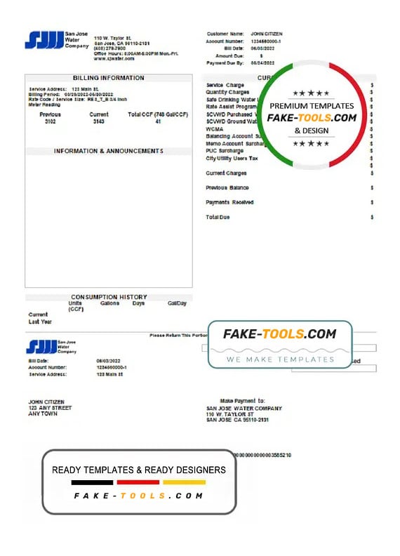 USA California San Jose Water utility bill template in Word and PDF format USA California San Jose Water utility bill template in Word and PDF format