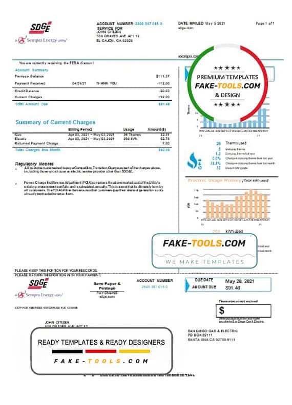 USA California San Diego Gas & Electric (SDG&E) utility bill template in Word and PDF format USA California San Diego Gas & Electric (SDG&E) utility bill template in Word and PDF format