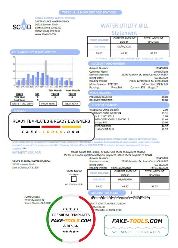 USA California Santa Clarita Water Division (SCWD) utility bill template in Word and PDF format USA California Santa Clarita Water Division (SCWD) utility bill template in Word and PDF format