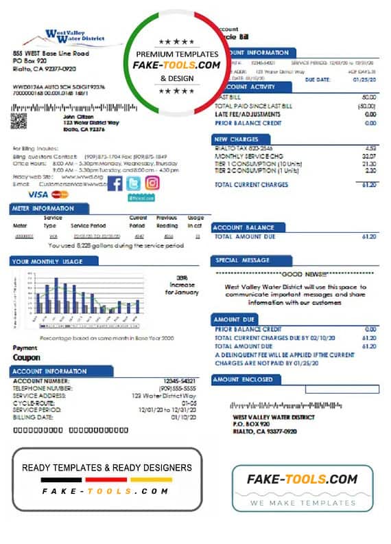 USA California West Valley Water District utility bill template in Word and PDF format USA California West Valley Water District utility bill template in Word and PDF format