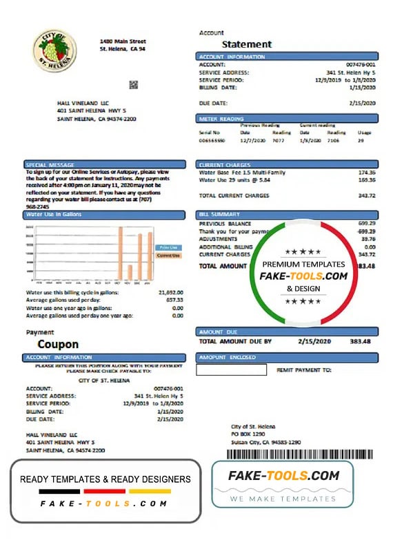 USA California City of St Helena utility bill template in Word and PDF format USA California City of St Helena utility bill template in Word and PDF format